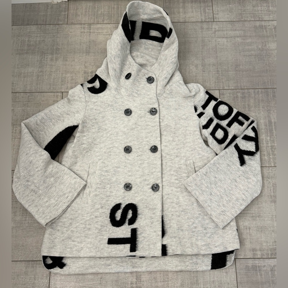 NWT SIMAS Gray Double-Breasted Wool Pea Coat With Hood Large